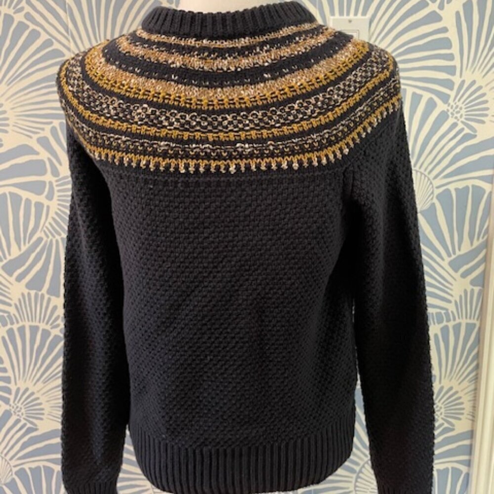 The Reeds Navy Fair Isle Sweater Gold Metallic Knit Winter Cottagecore Sz Small - Picture 3 of 5